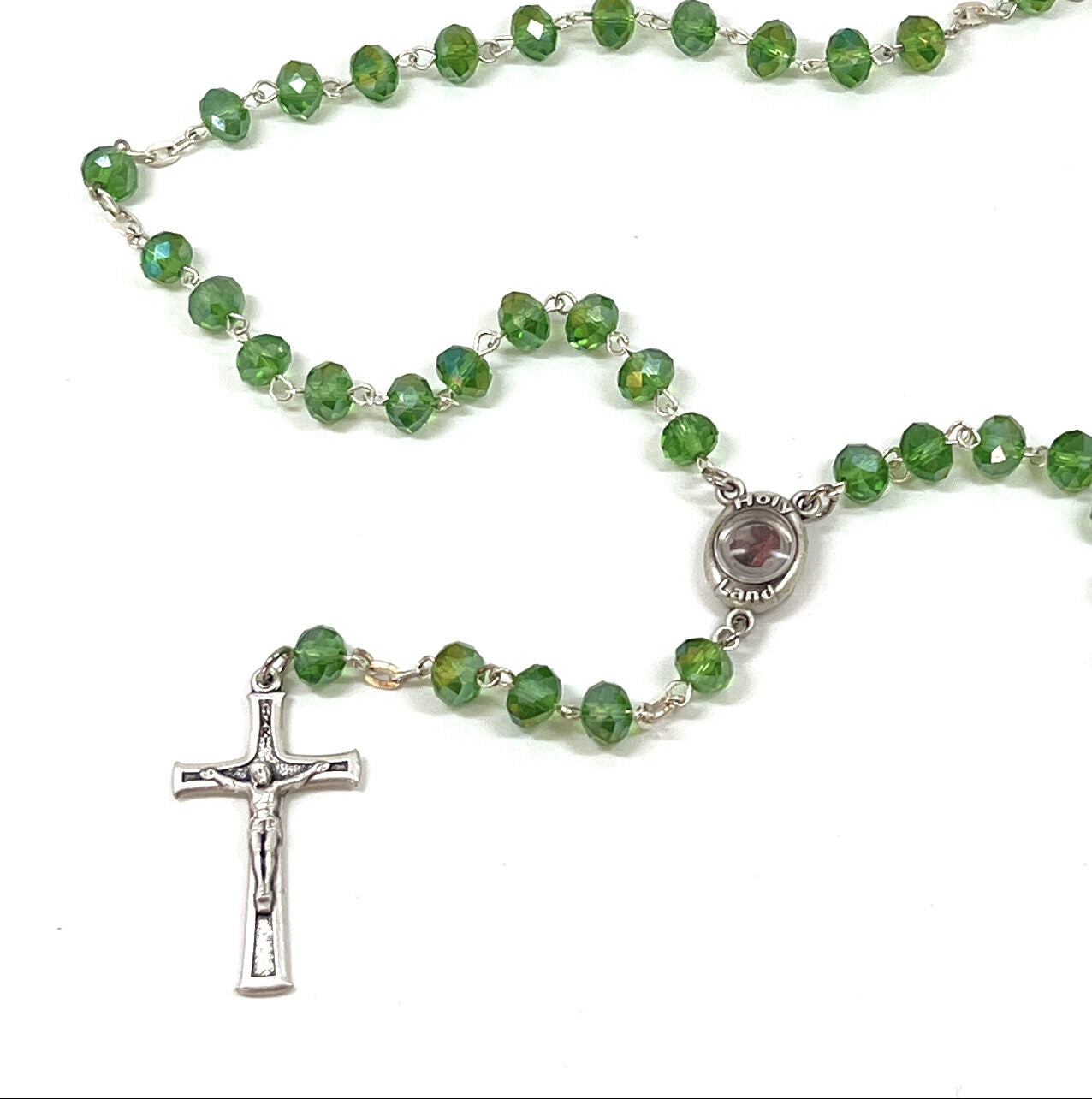 Rosary with Green Crystal Beads, Metal Chain with 2" Crucifix, Made in Holy Land