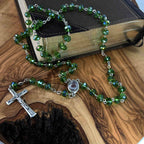 Rosary, Green Crystal Beads, 22.4", Metal Chain, Bethlehem Handmade