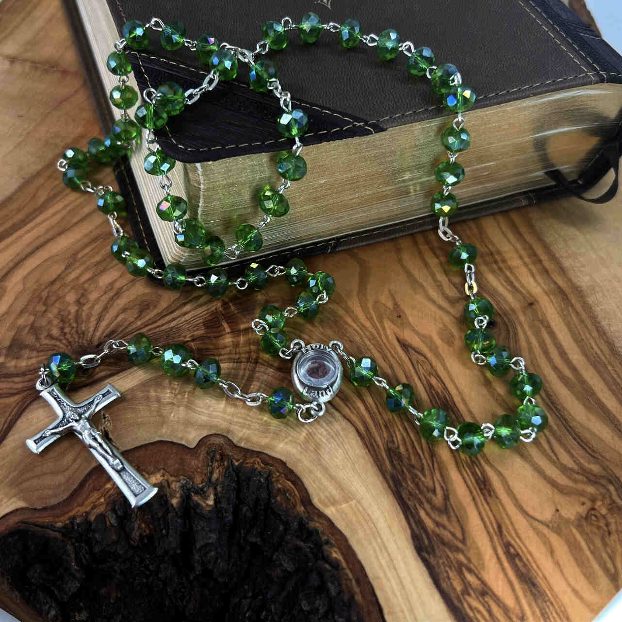 Rosary, Green Crystal Beads, 22.4", Metal Chain, Bethlehem Handmade