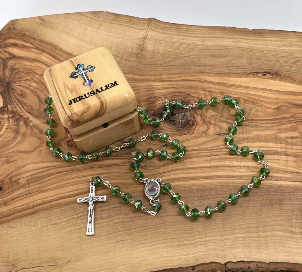 Rosary, Green Crystal Beads, 22.4", Metal Chain, Bethlehem Handmade