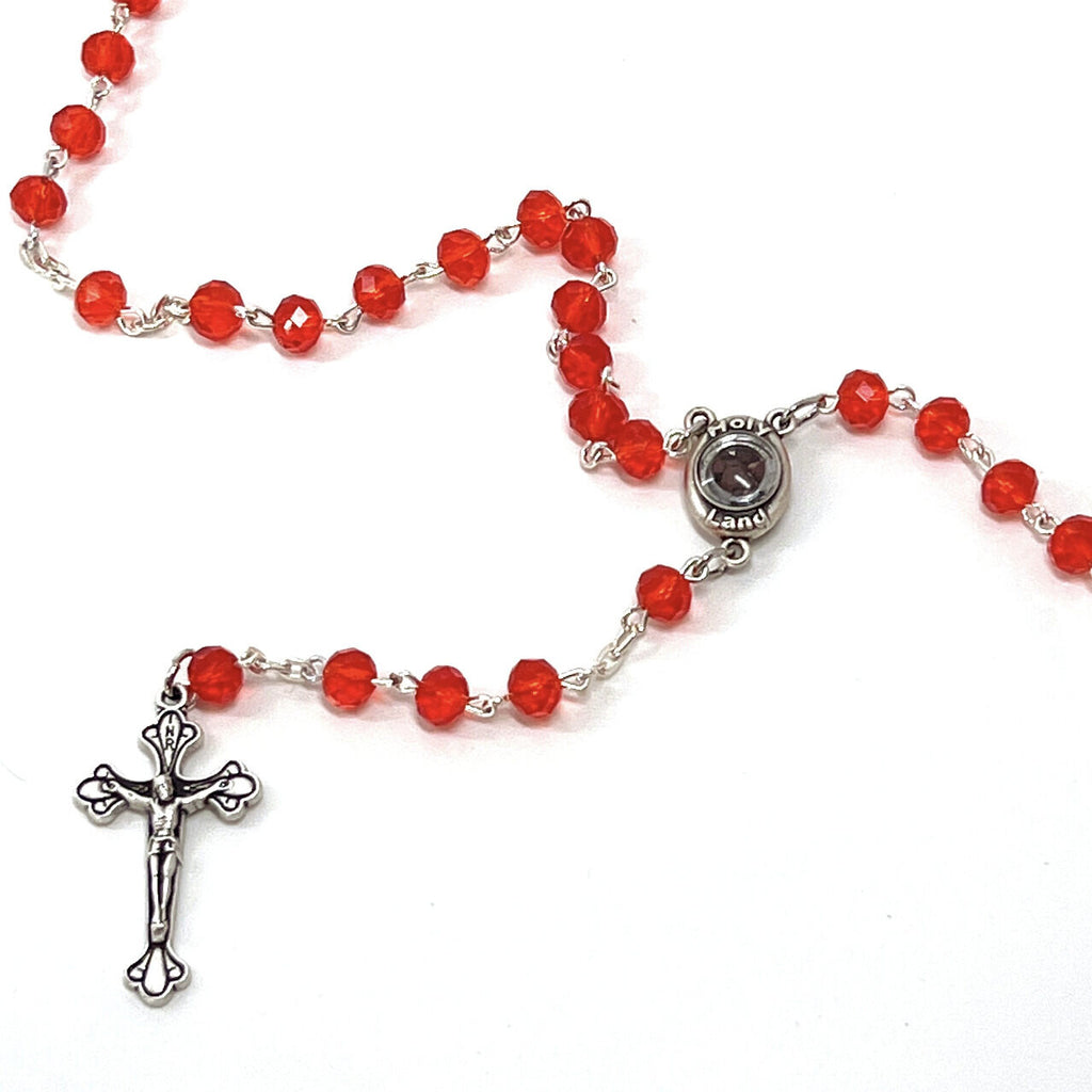 Rosary, Ruby Red Crystal Beads, 19.2", Metal Chain, Bethlehem Handmade