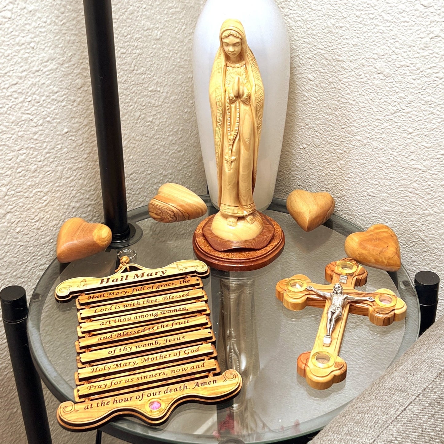 Our Hail Mary Prayer Engraved Wall Hanging in Olive Wood From Holy Land with Incense in glass capsule, with rosary and wooden hearts, Virgin Mary Statue and Crucifix of Jesus Christ 