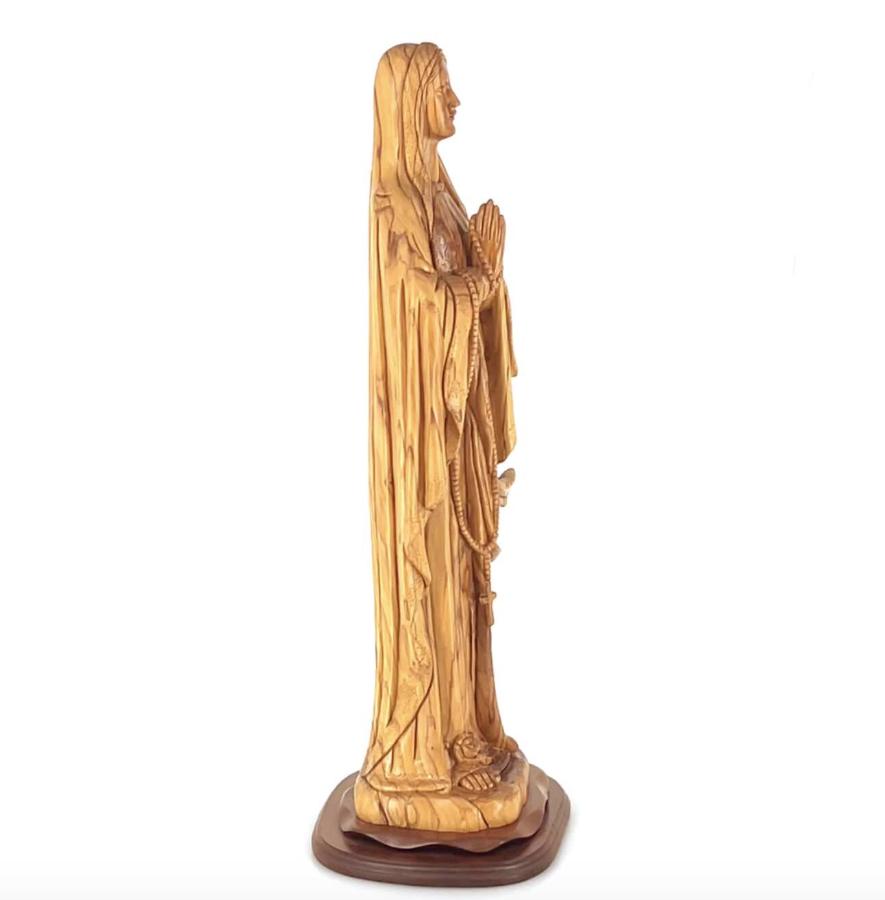 Praying Virgin Mary with a Rosary, 30" Masterpiece Olive Wood Carved Sculpture Catholic Church Art from Holy Land