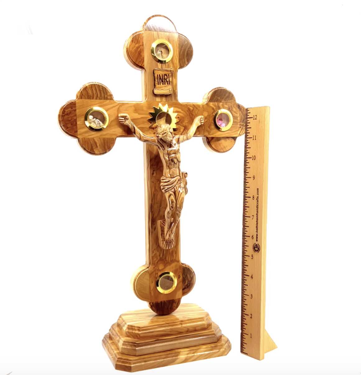 13.8" Standing Crucifix with 2.5" Base, Carved Corpus and 5 Holy Land Souvenirs