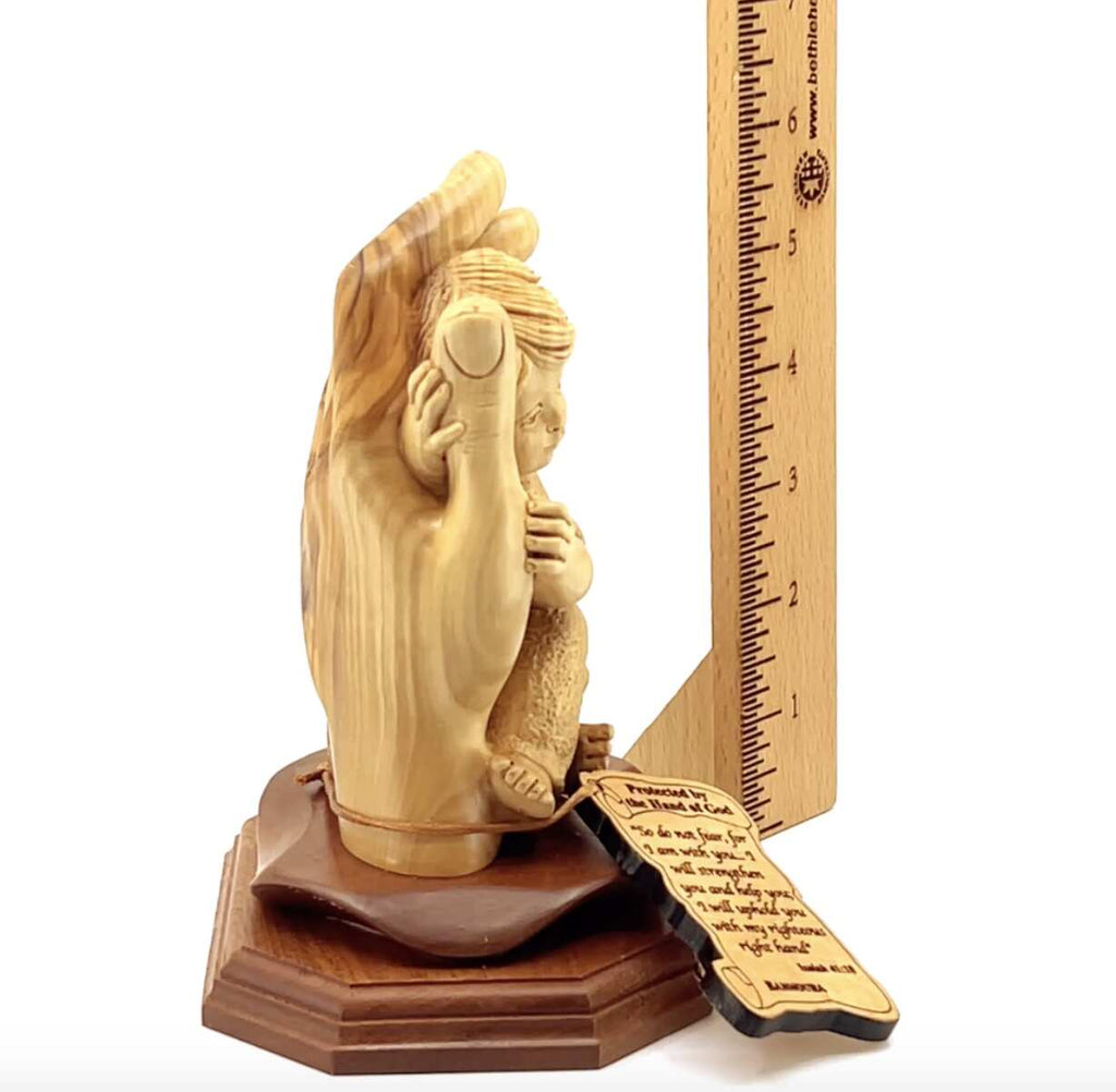 religious olive wood statue hand carved in Bethlehem, 6.5 inch close detail of the hand carved work