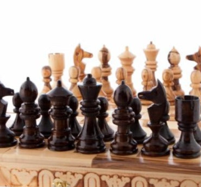 Wooden Hand Made Chess or Checker Board with Hand Carved Chess Pieces, Folding Travel Size