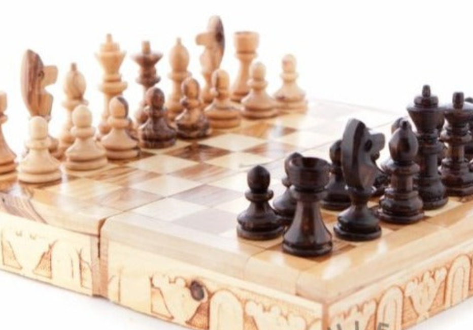 Hand Made Chess Board and Carved Pieces, Folding Portable Travel Board Made from Olive Wood grown in the Holy Land 