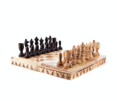 Wooden Hand Made Chess Board and Hand Carved Chess Pieces, Made from Olive Wood, Folding Travel Size
