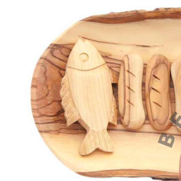 Carving of a Tobgha, with fish and bread loaves, hand carved from olive wood in the holy land, wooden grain plate