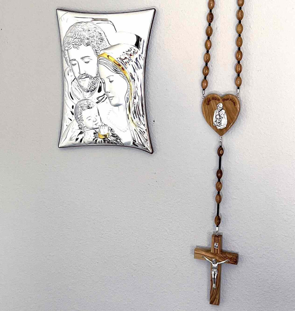 Holy Family Christian icon hand made in Bethlehem, three quarter view of the religious piece
