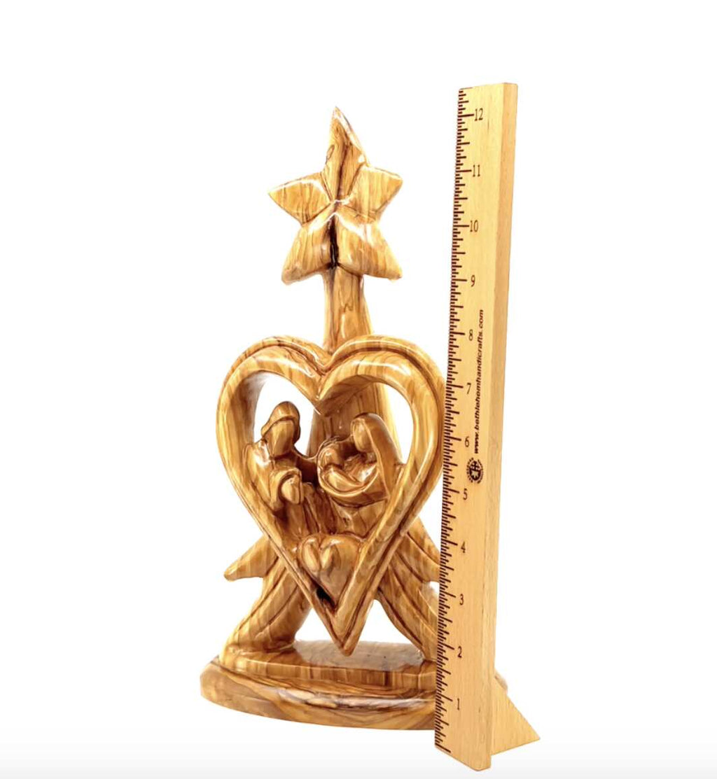 Holy Family olive wood statue hand carved in Bethlehem, 12.8 inch scale reference view