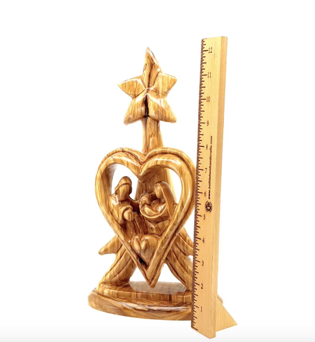 Holy Family olive wood statue hand carved in Bethlehem, 12.8 inch scale reference view