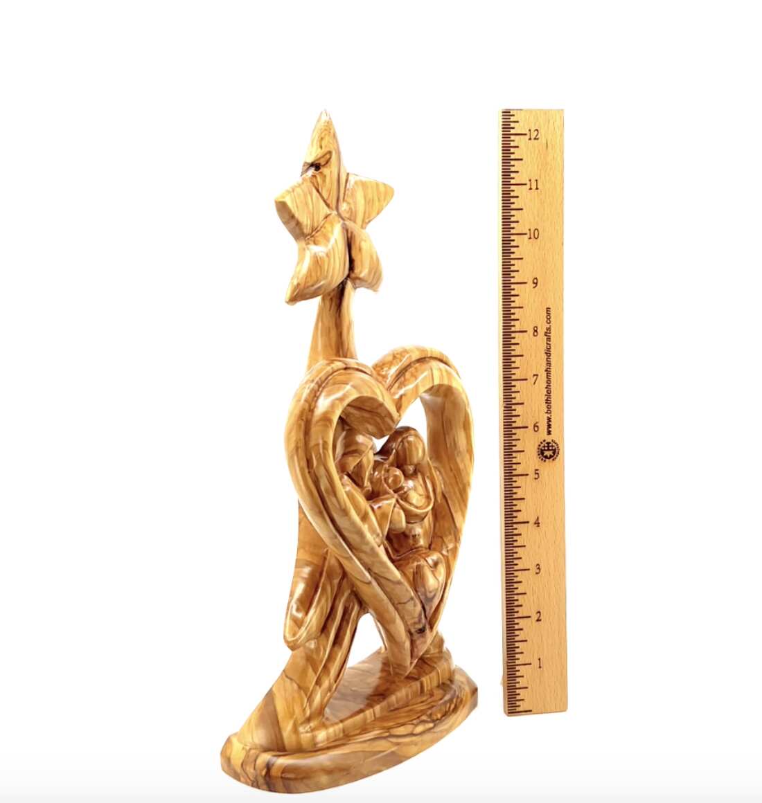 Holy Family olive wood statue hand carved in Bethlehem, 12.8 inch top angle showing detail of the craftsmanship