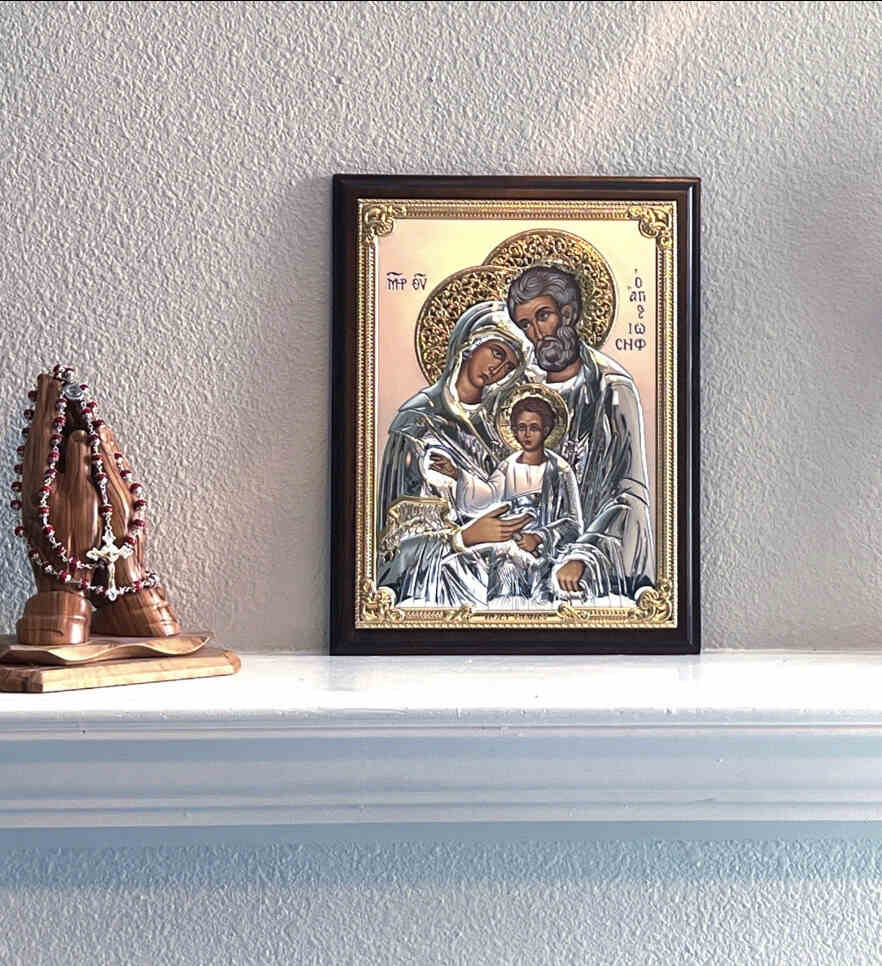 Holy Family Christian icon hand made in Bethlehem, front view of the silver masterpiece