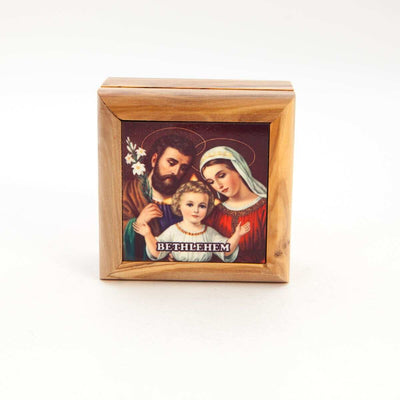 Square Holy Family Printed Hand Carved Olive Wood Box (Bethlehem)