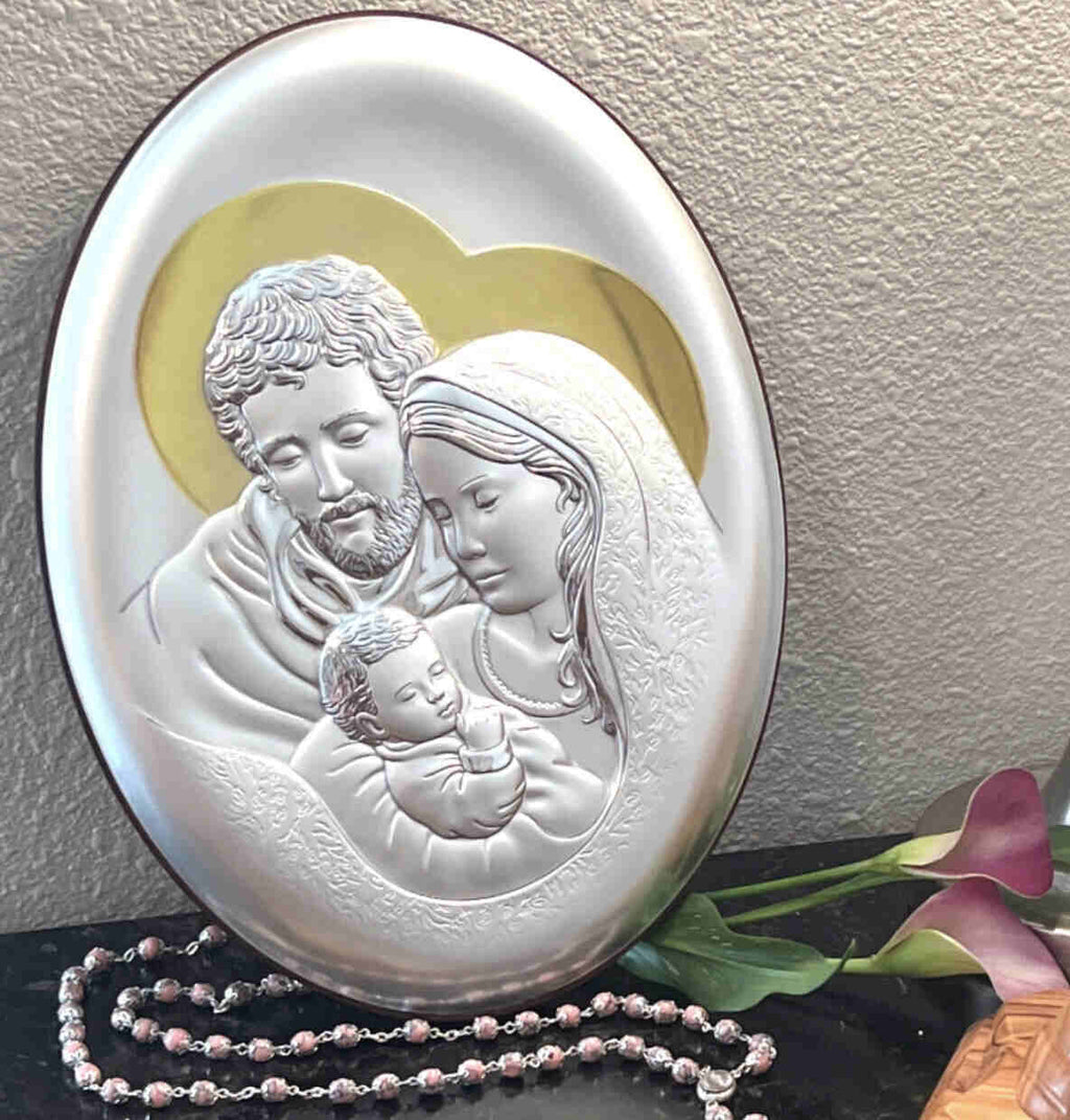 Holy Family Christian icon hand made in Bethlehem, front view of the silver masterpiece