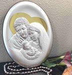 Holy Family Christian icon hand made in Bethlehem, front view of the silver masterpiece