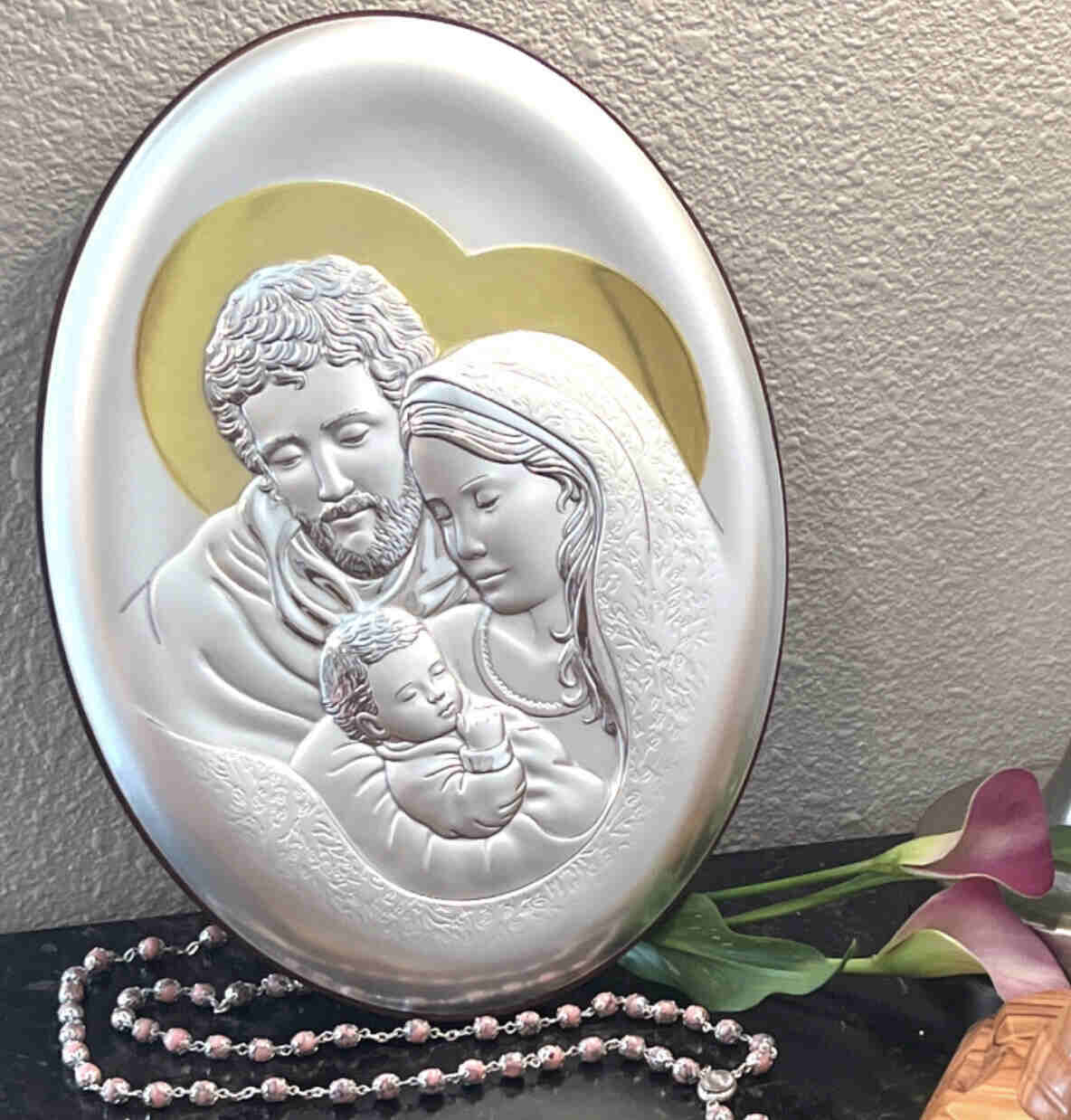 Holy Family Christian icon hand made in Bethlehem, front view of the silver masterpiece