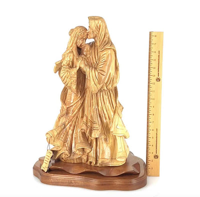Adoring Holy Family Jesus Christ with St. Joesph and Mary Masterpiece, 13.8" Made from Olive Wood Carved Sculpture from the Holy Land