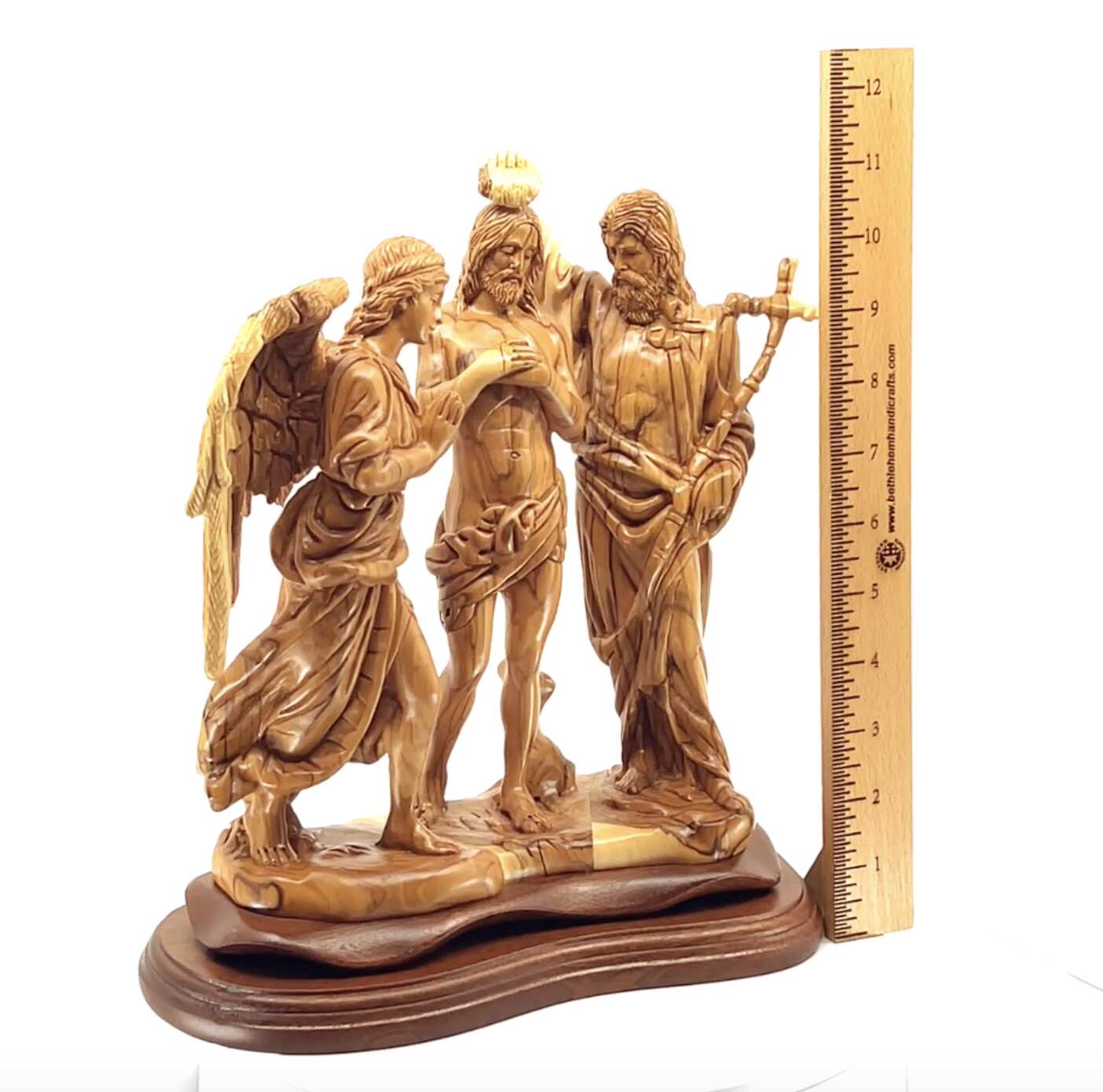Jesus Christ "Baptism by Saint John" with Angel Sculpture, 11.4" Holy Land Carving from Olive Wood