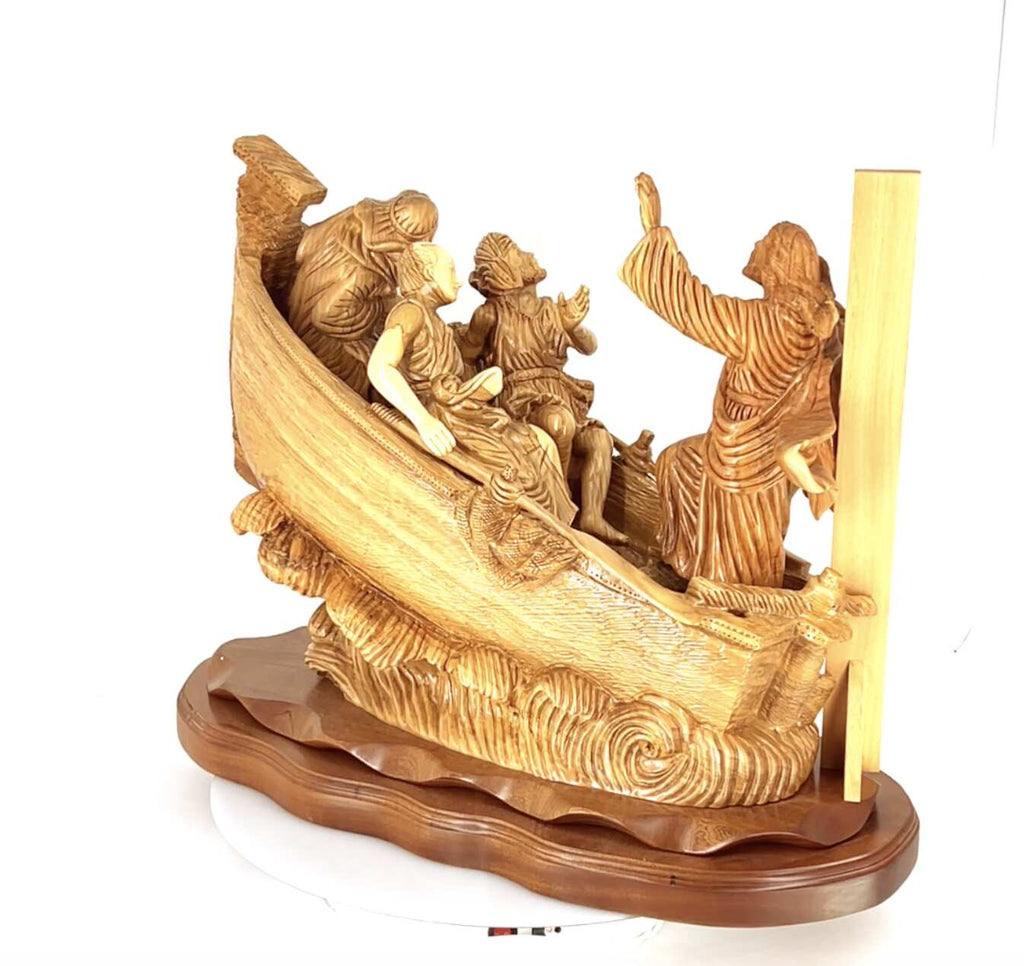 Jesus Christ statue hand carved from Bethlehem olive wood, 18.5 inch close detail of the hand carved work