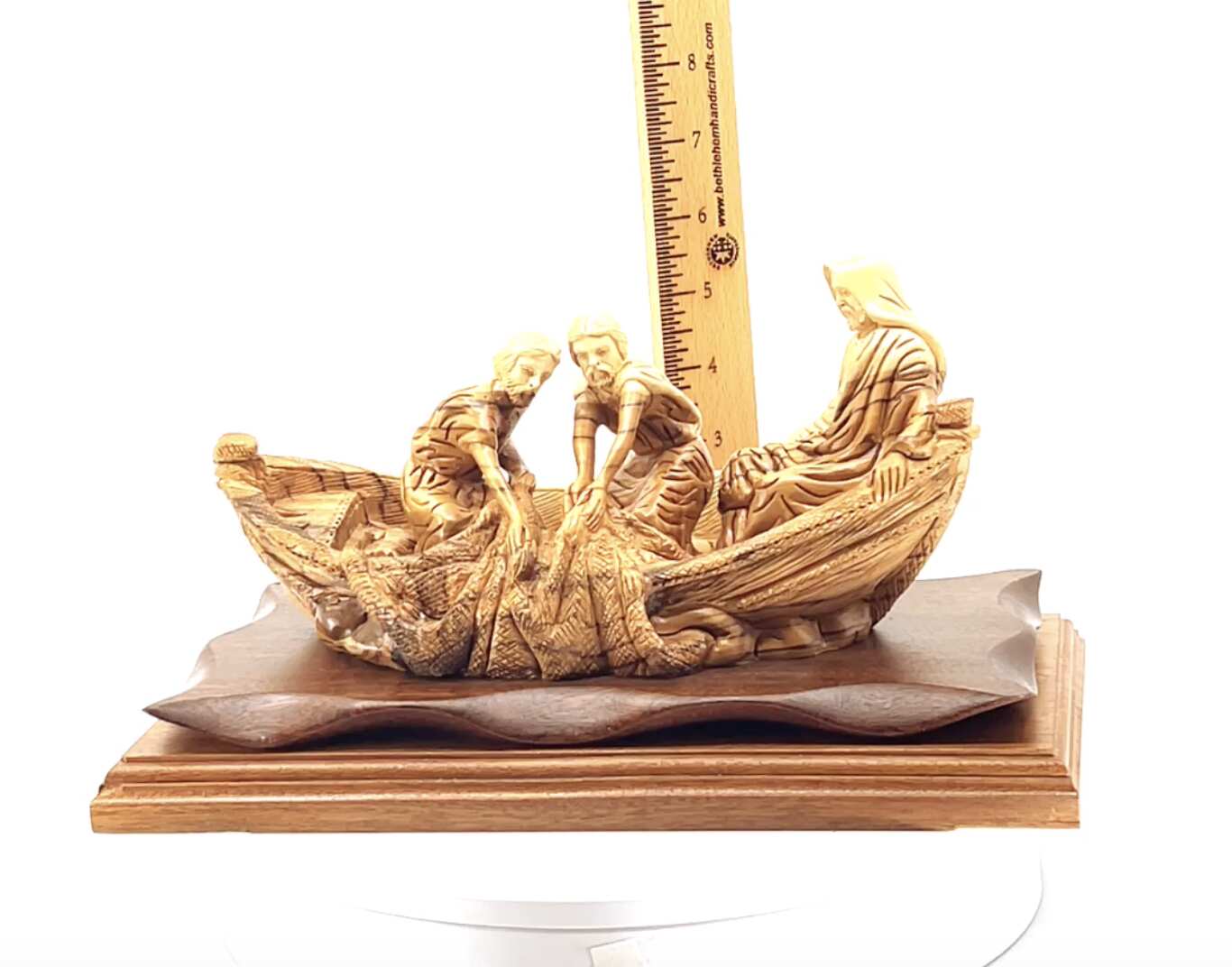 Jesus Christ "Miracle of Fisherman", 11.4" Long, Holy Land Olive Wood Sculpture