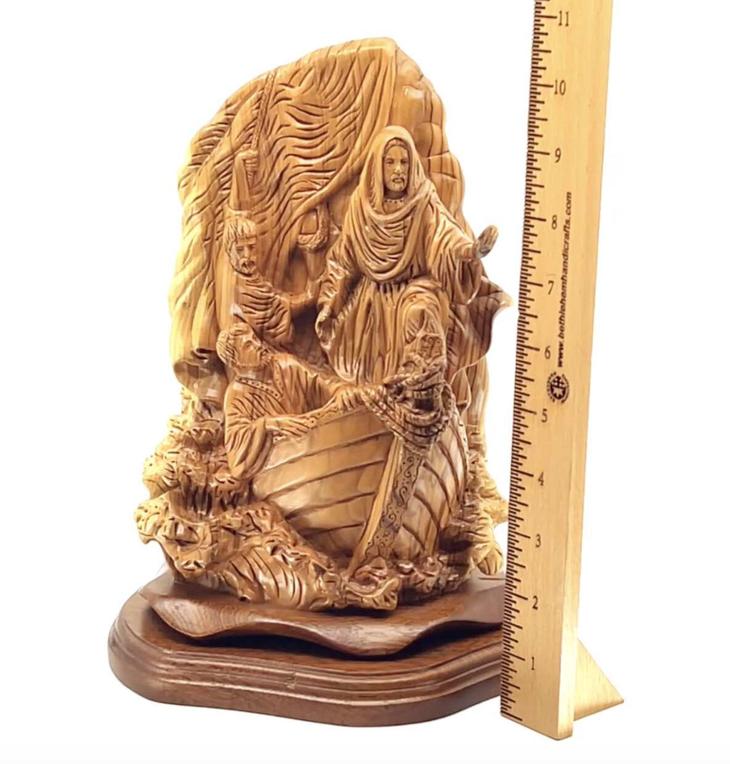 Jesus Christ statue hand carved from Bethlehem olive wood, 10.5 inch close detail of the hand carved work