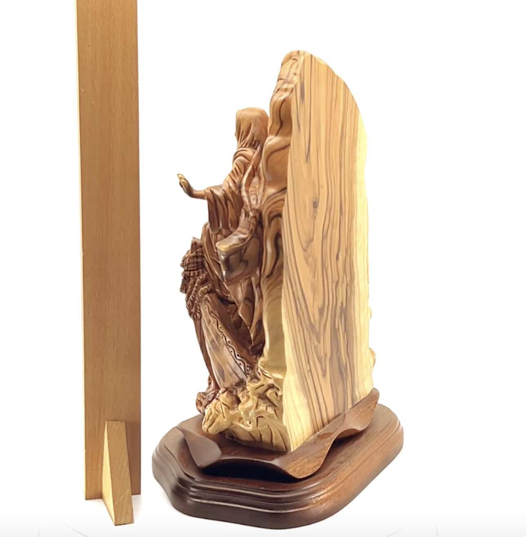 Jesus Christ statue hand carved from Bethlehem olive wood, 10.5 inch detail of the carved figure