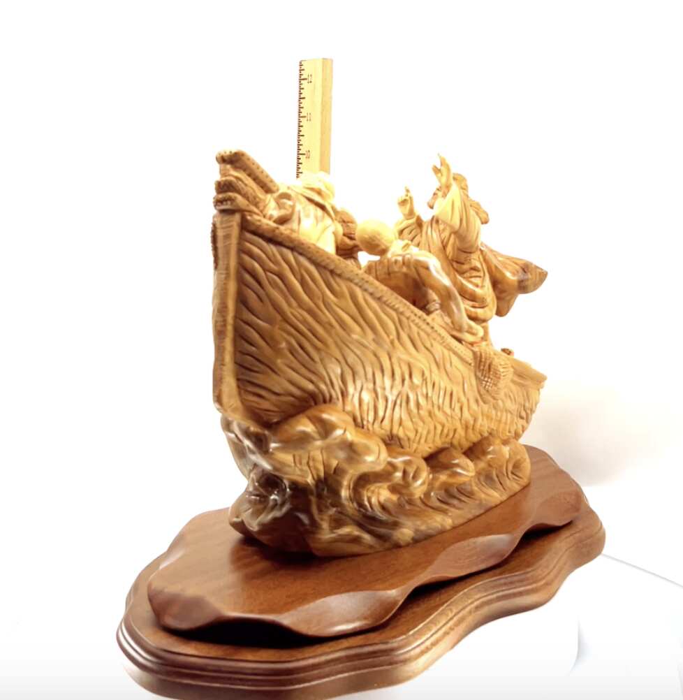 Jesus Christ "Calms The Storm" on Boat, 15.5" Masterpiece Wooden Carving