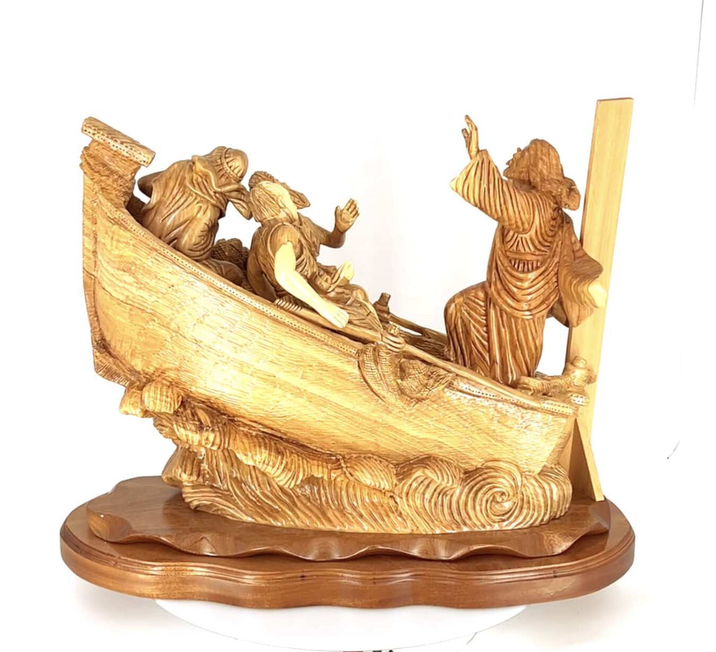 Jesus Christ statue hand carved from Bethlehem olive wood, 18.5 inch back view of the olive wood sculpture