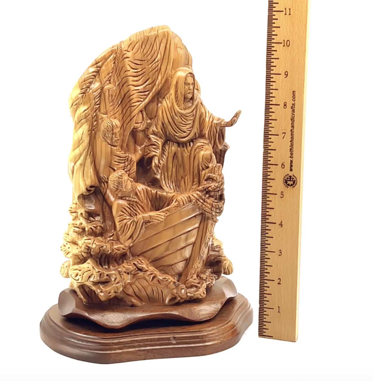 Jesus Christ statue hand carved from Bethlehem olive wood, 10.5 inch side angle of the olive wood sculpture