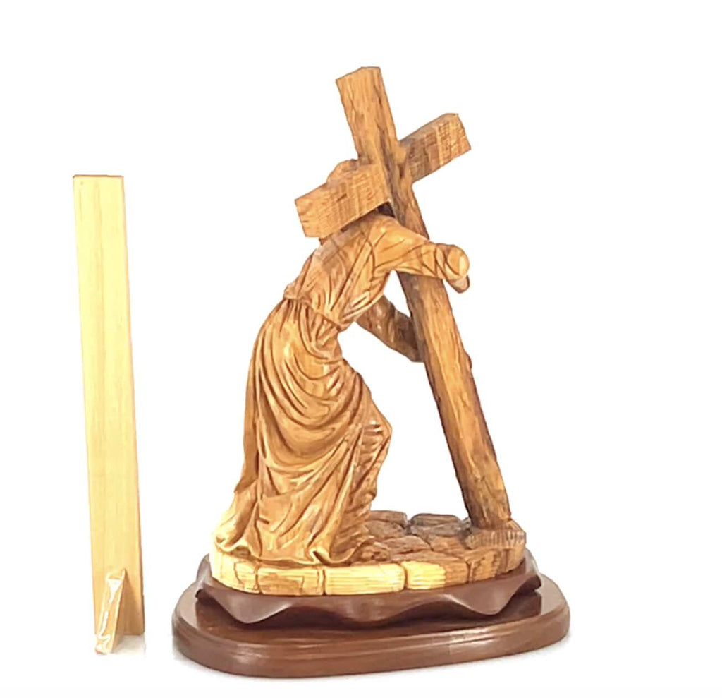 Jesus Christ olive wood cross from Bethlehem hand carved, 15.7 inch scale reference view