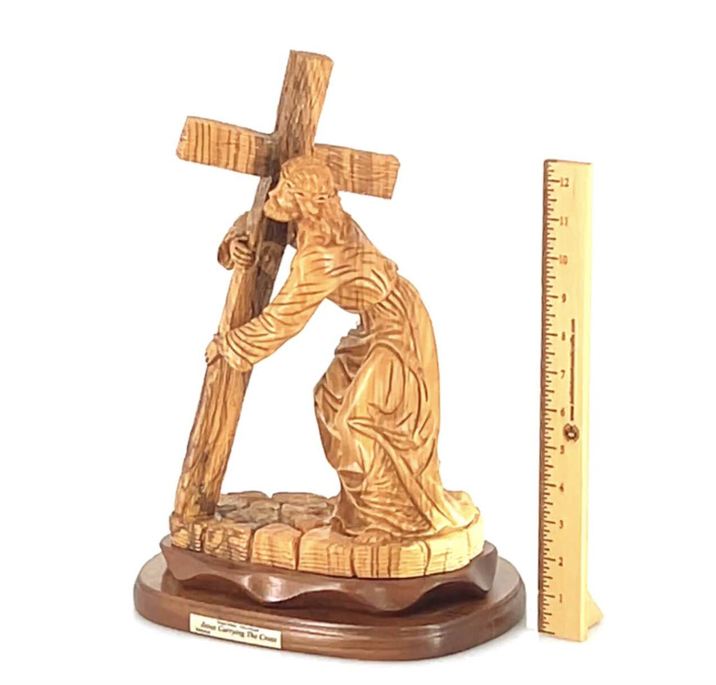 Jesus Christ olive wood cross from Bethlehem hand carved, 15.7 inch close detail of the hand carved work