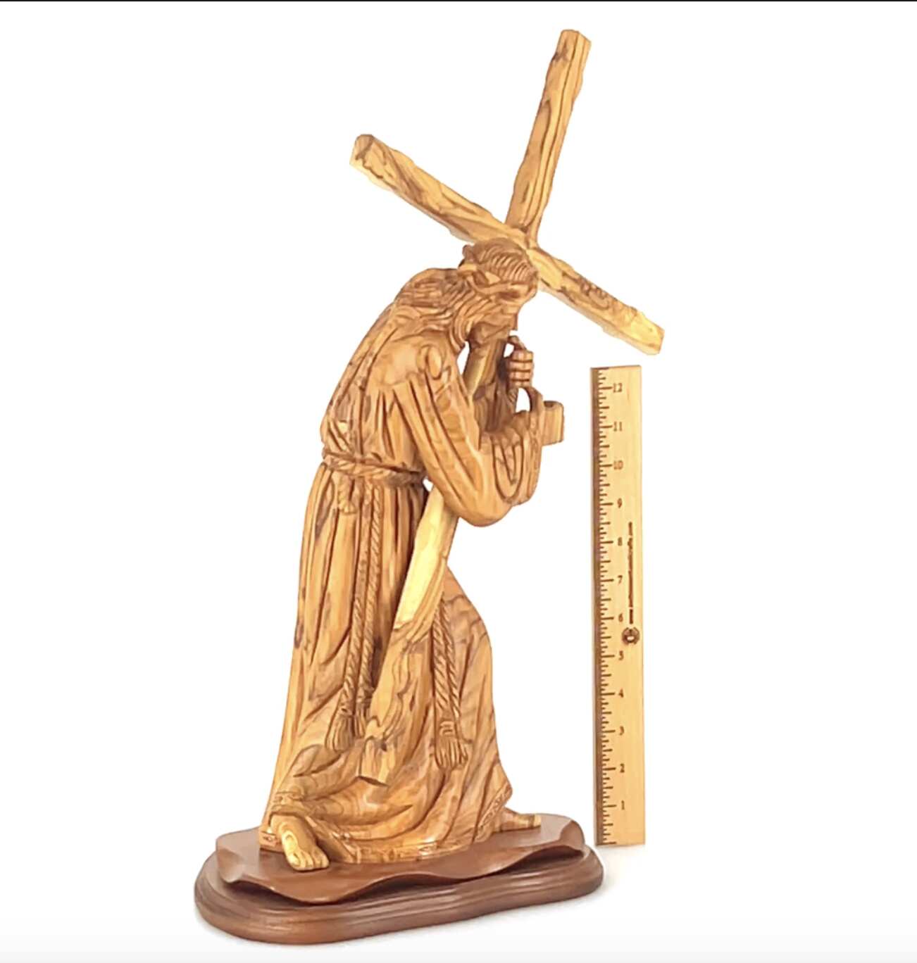 Jesus Christ olive wood cross from Bethlehem hand carved, 16.9 inch back view of the olive wood sculpture