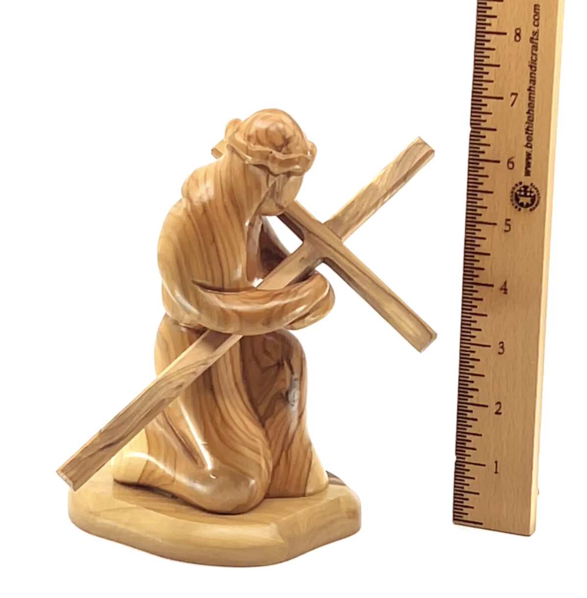 Jesus Christ olive wood cross from Bethlehem hand carved, 7.1 inch back view of the olive wood sculpture