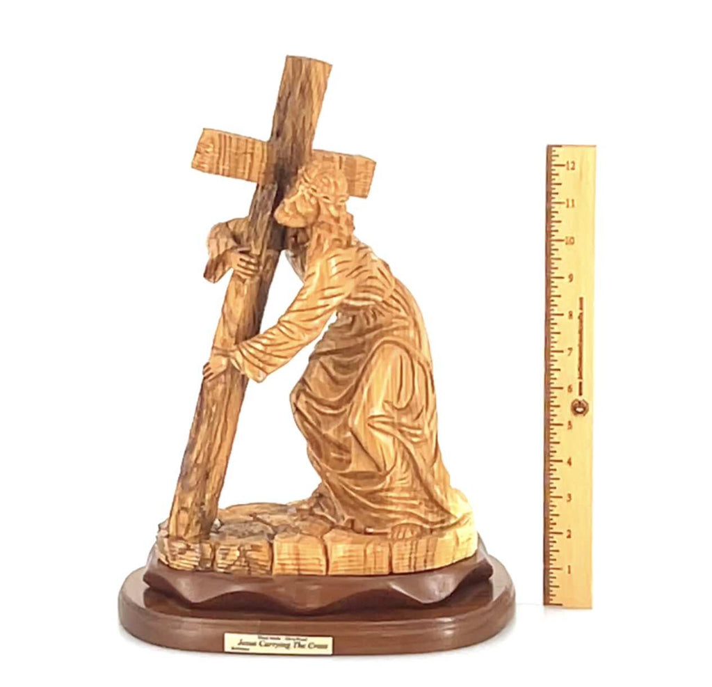 Jesus Christ olive wood cross from Bethlehem hand carved, 15.7 inch three quarter view of the religious piece