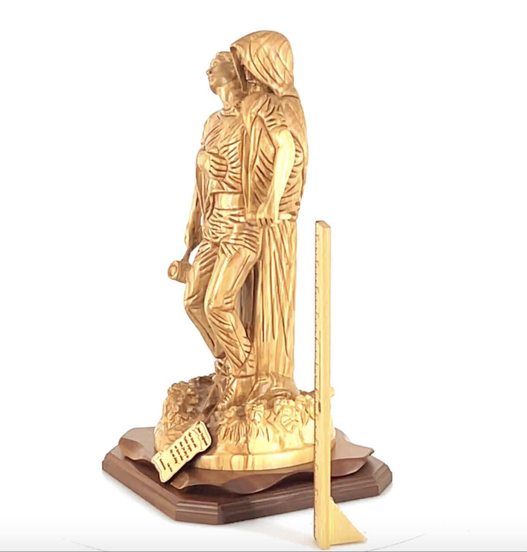 Jesus Christ statue hand carved from Bethlehem olive wood, 19.3 inch three quarter view of the religious piece