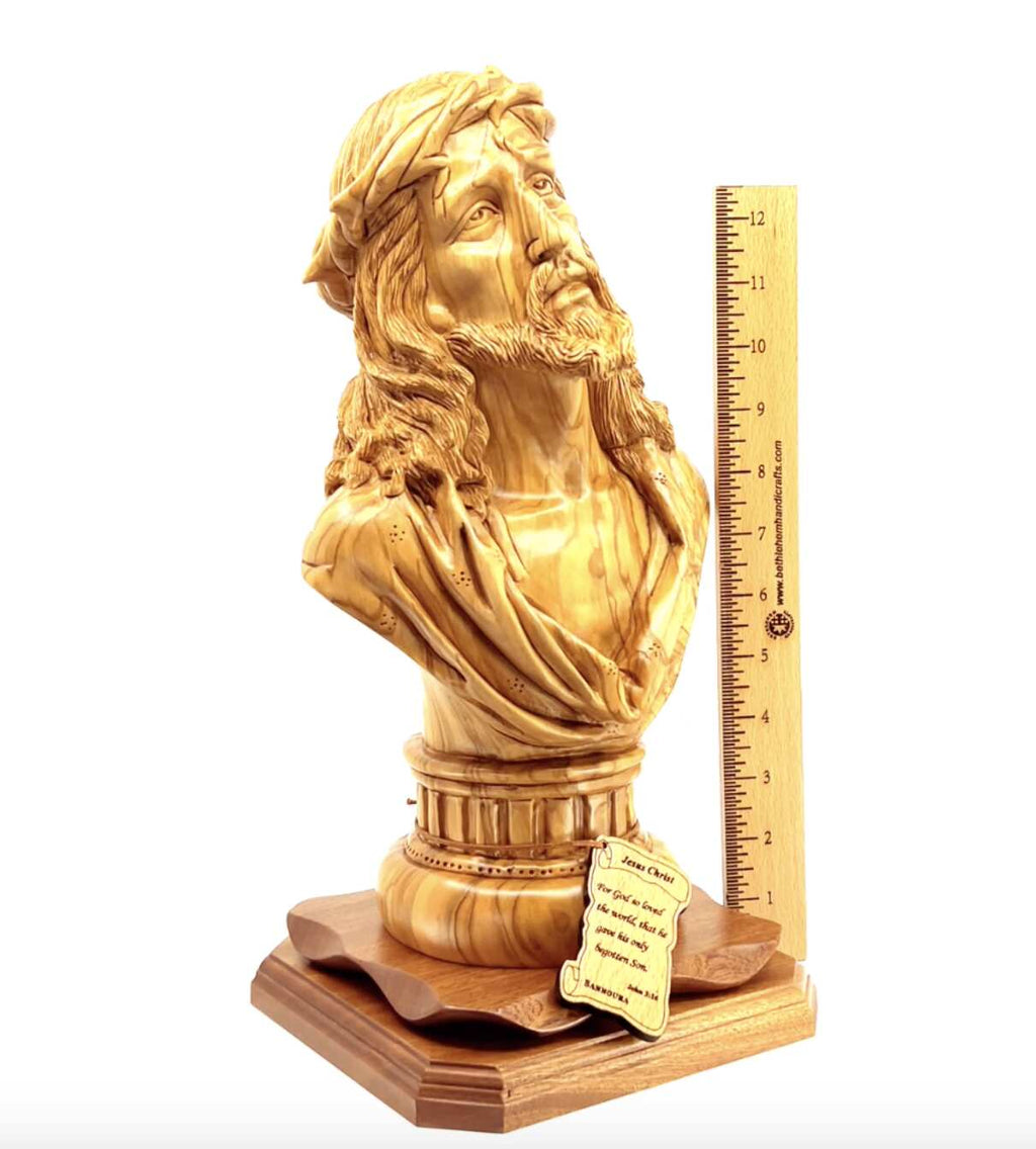 Bust of Jesus Christ, 14.5" Sculpture, Holy Land Olive Wood