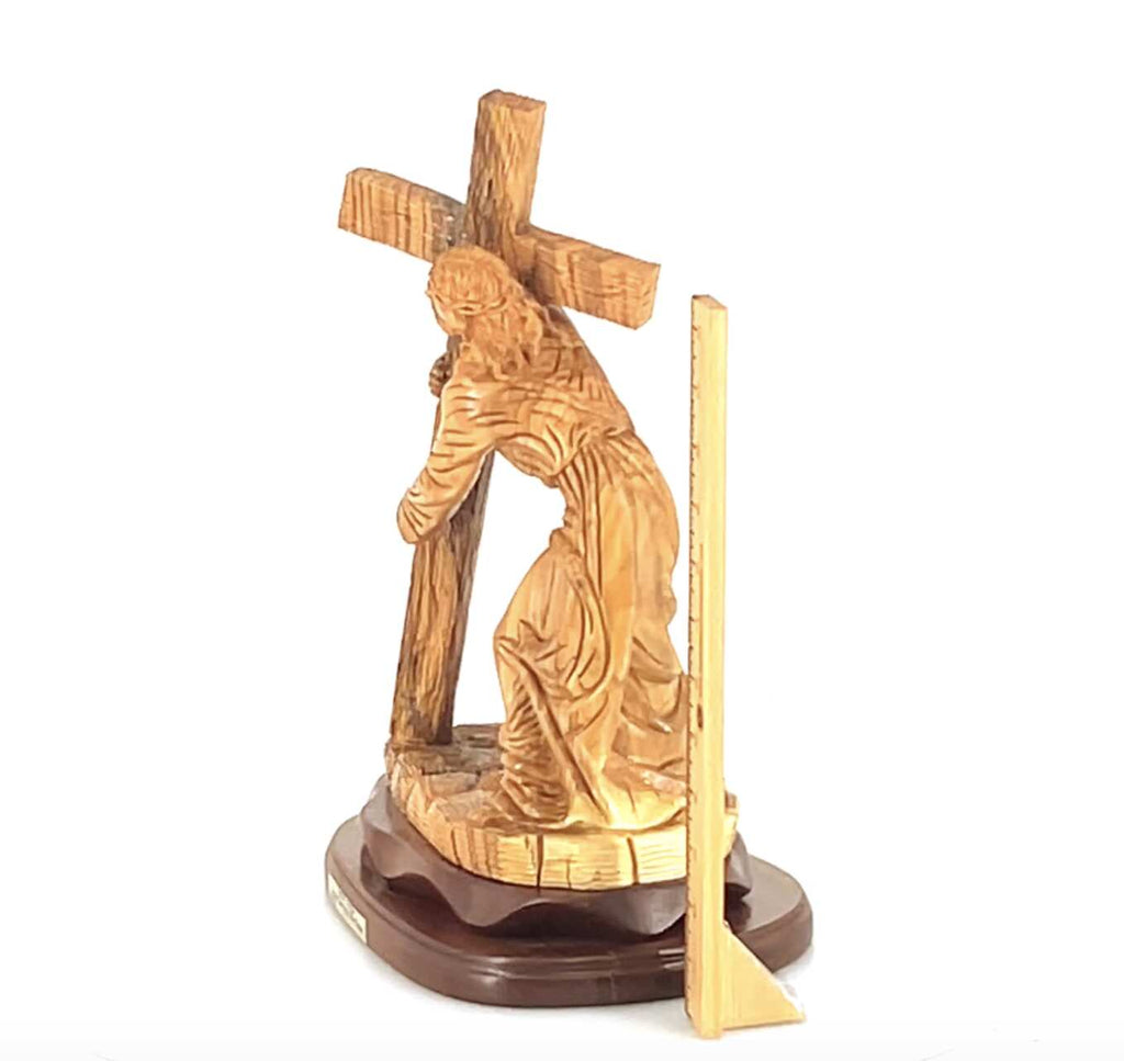 Jesus Christ olive wood cross from Bethlehem hand carved, 15.7 inch back view of the olive wood sculpture