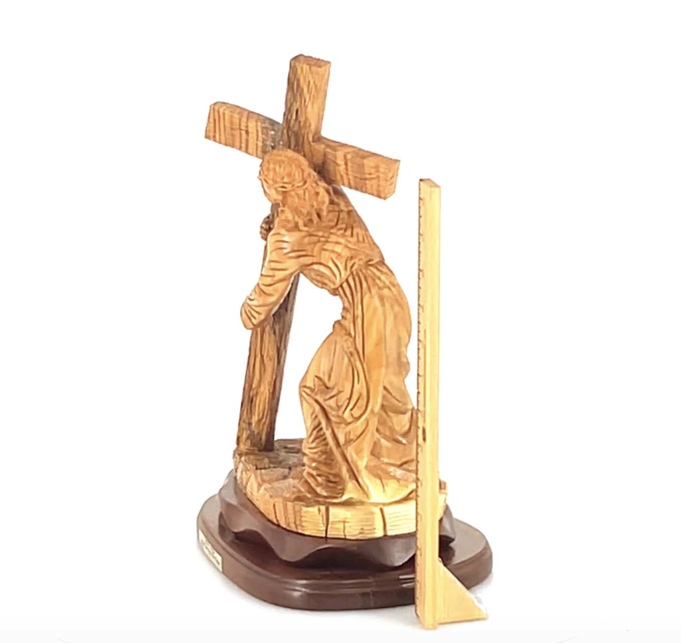 Jesus Christ olive wood cross from Bethlehem hand carved, 15.7 inch back view of the olive wood sculpture