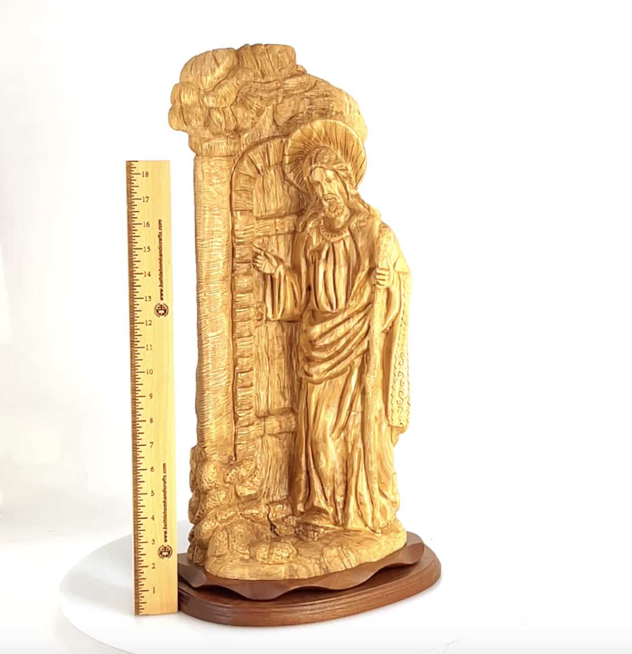 Jesus Christ "Knocking at the Door" Sculpture, 22.3" Olive Wood Carving from Holy Land