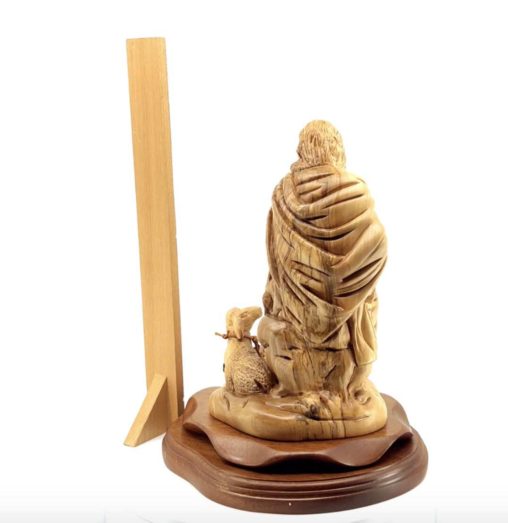 Good Shepherd statue hand carved from Bethlehem olive wood, 10.5 inch top angle showing detail of the craftsmanship