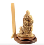 Good Shepherd statue hand carved from Bethlehem olive wood, 10.5 inch top angle showing detail of the craftsmanship