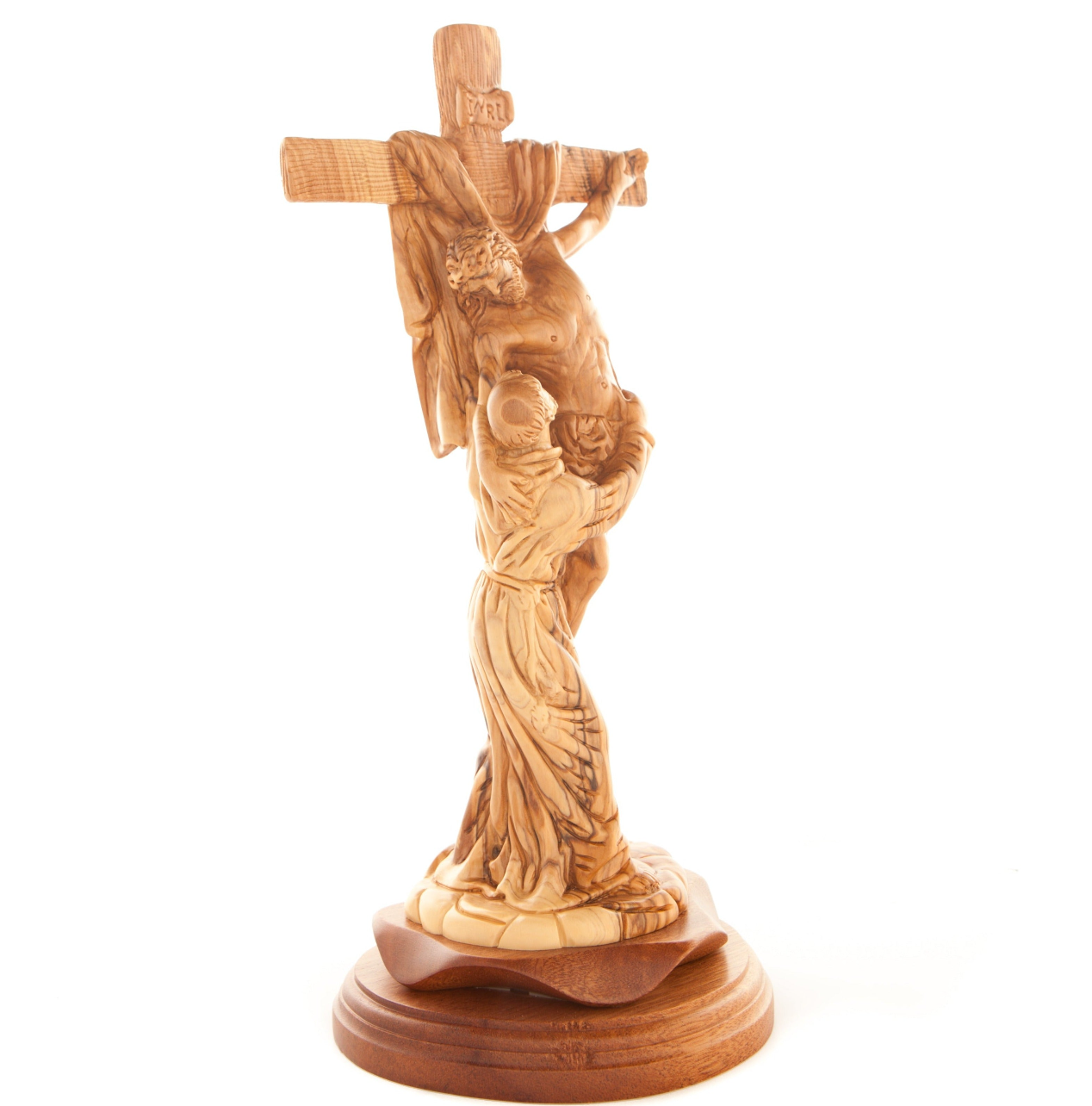 St. Francis of Assisi Embracing the Jesus Christ on Cross Wooden Carved Masterpiece 13.2" Tall, Realistic Hand Carved Sculpture from Holy Land Olive Wood with dark brown grain Mahogany Base 