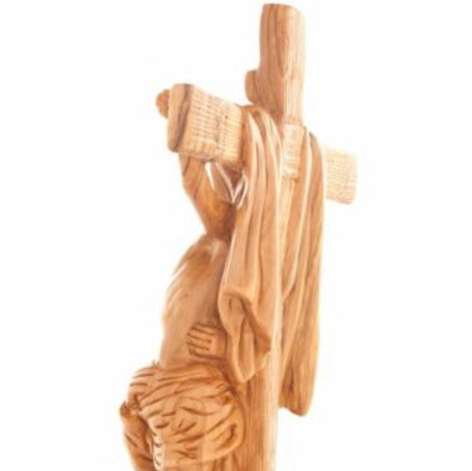 Jesus Christ olive wood wall cross from Bethlehem, 13.2 inch natural light photo of the piece