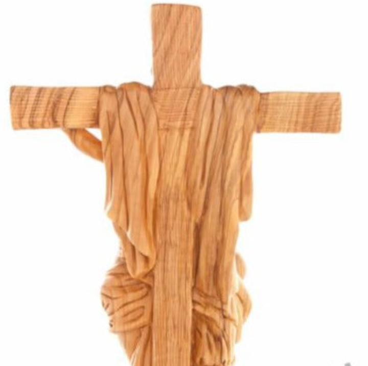 Jesus Christ olive wood wall cross from Bethlehem, 13.2 inch close up showing the olive wood grain
