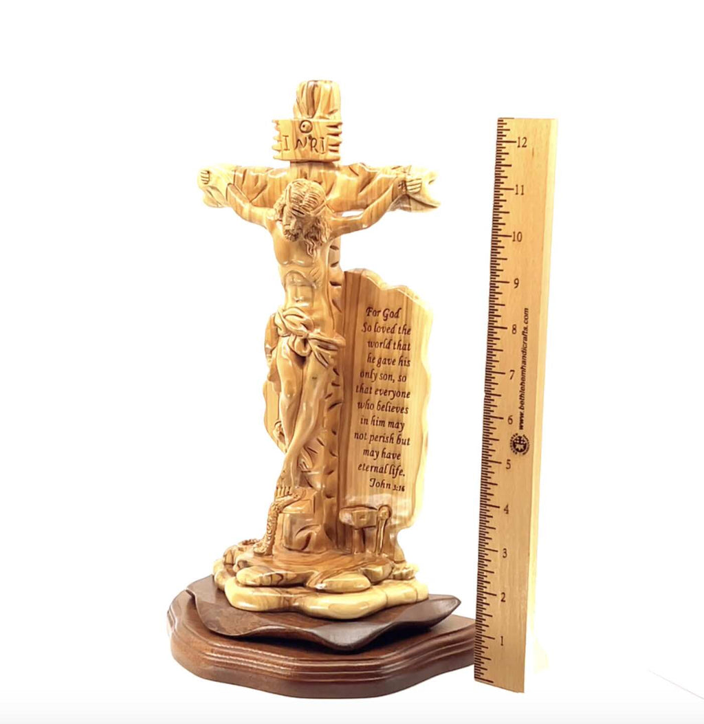 Jesus Christ olive wood wall cross from Bethlehem, 13.6 inch three quarter view of the religious piece