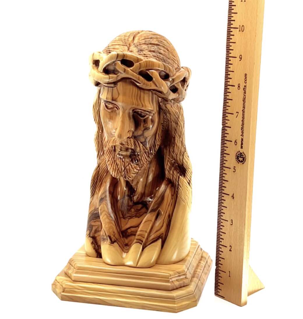 Jesus Christ statue hand carved from Bethlehem olive wood, 9.8 inch detail of the carved figure