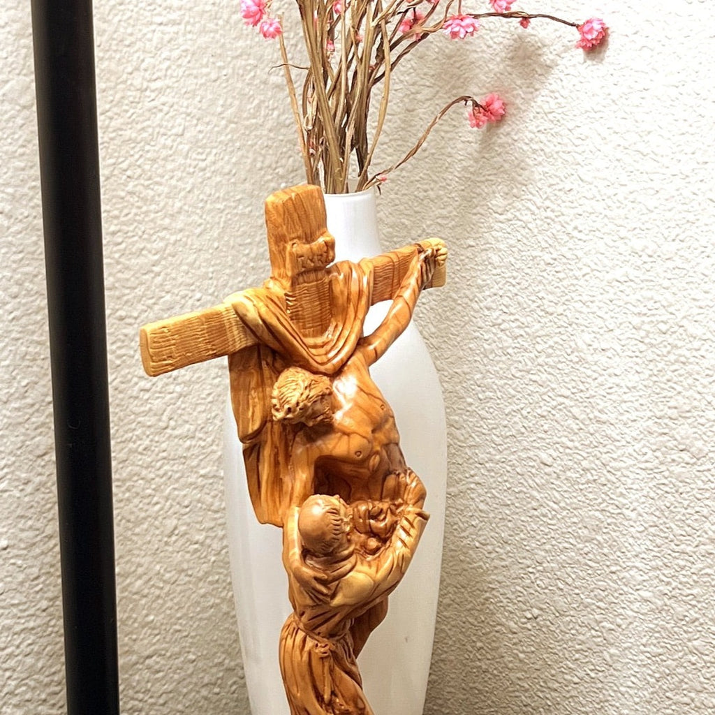 Jesus Christ olive wood wall cross from Bethlehem, 13.2 inch top angle showing detail of the craftsmanship