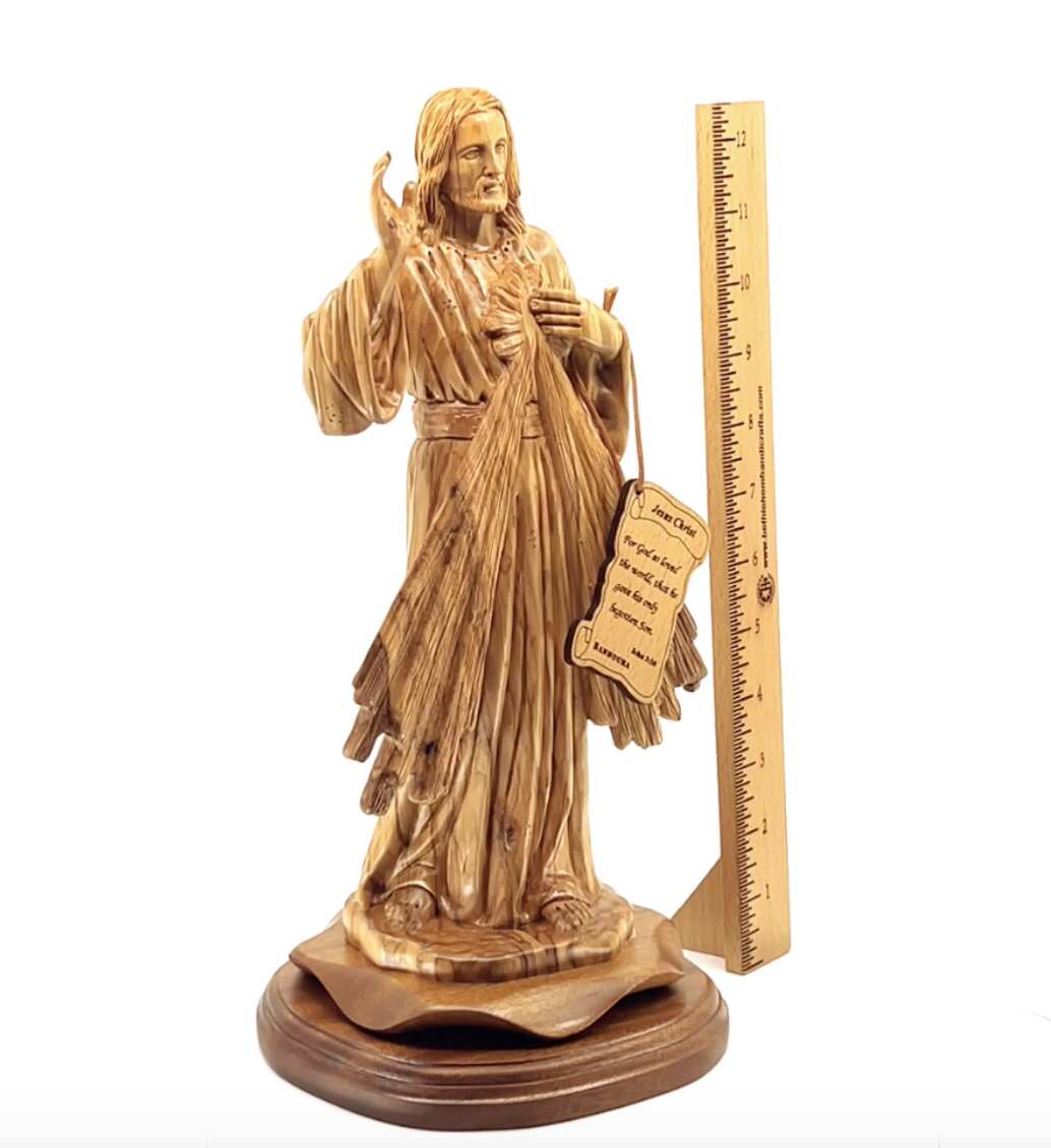 Jesus Christ "Divine Mercy" Statue, 13.2" Holy Land Olive Wood Carving